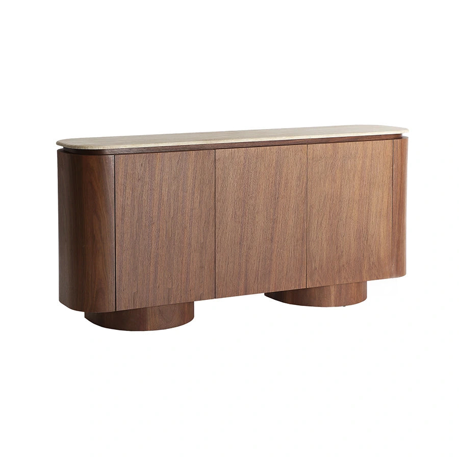 Aparador Dune de KODU Home Design, mueble ovalado de 3 puertas con encimera de mármol sintético y chapa de nogal
