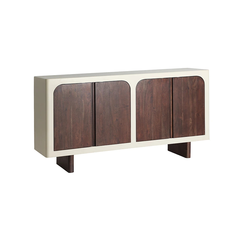 Aparador Glaris de KODU Home Design, mueble bicolor de 4 puertas de arco en acacia blanco roto y madera marrón