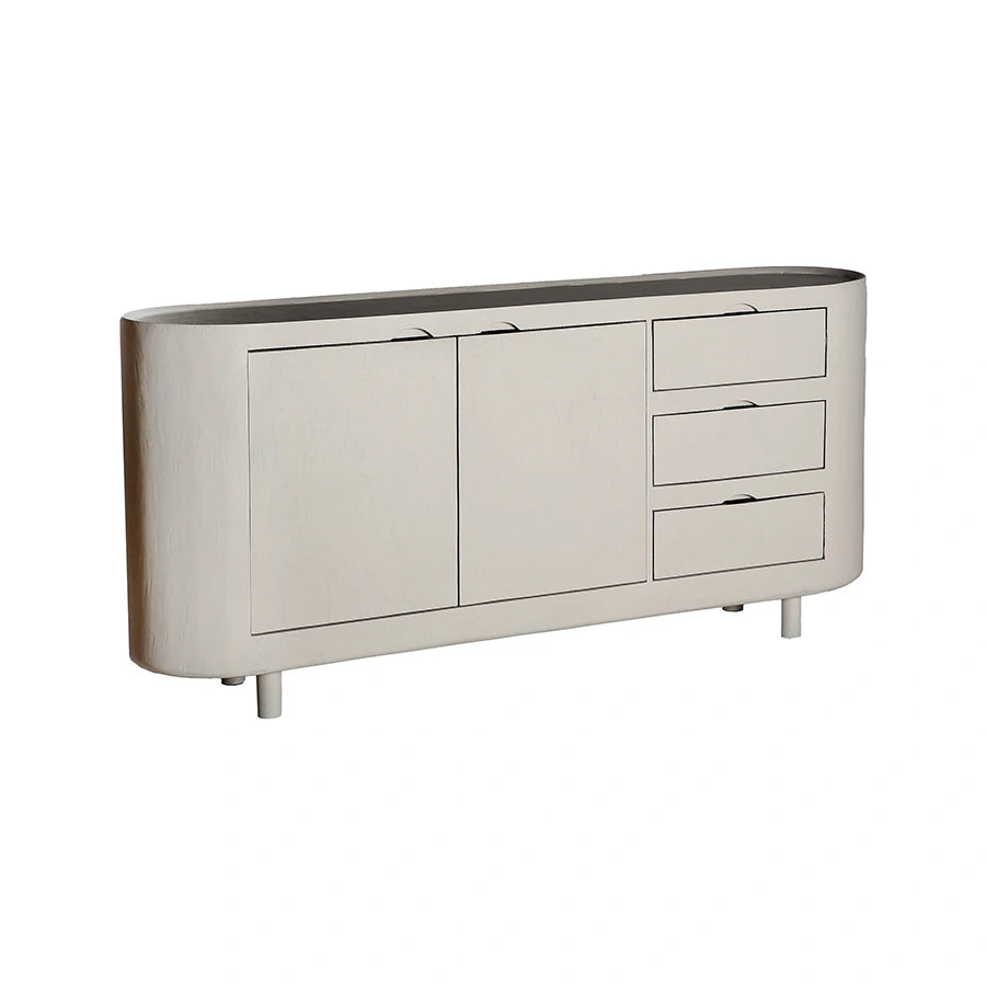 Aparador Halsua de KODU Home Design, mueble blanco de 2 puertas y 3 cajones en madera de mango
