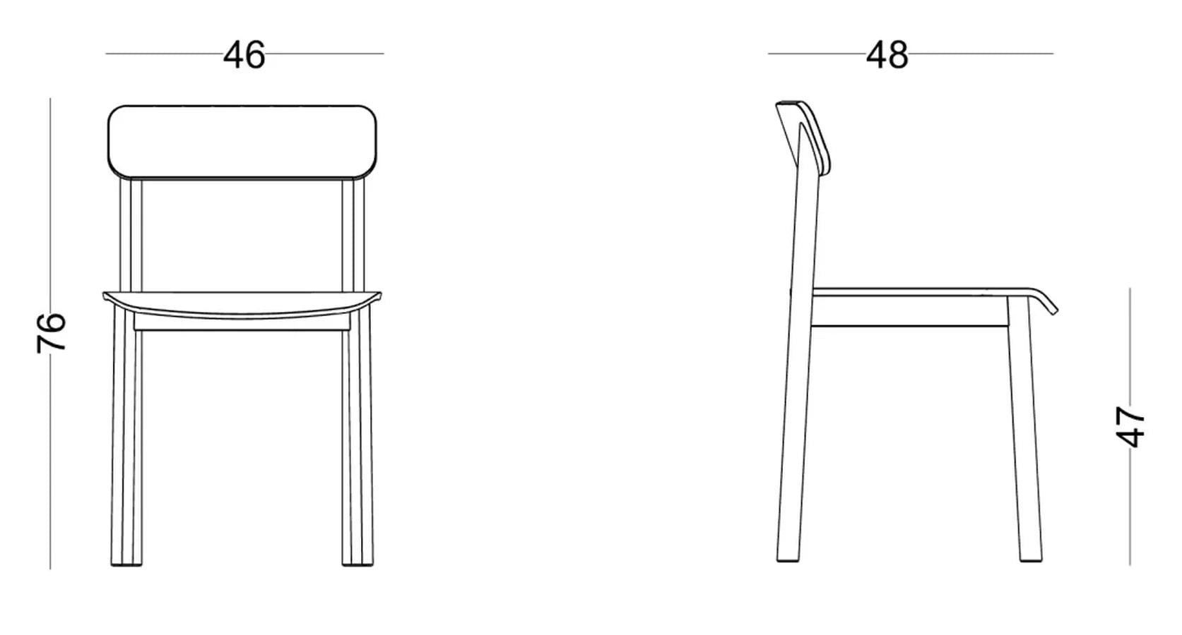 Plano acotado de la Silla Bión Madera: 46 cm de ancho, 48 de fondo, 76 de alto y asiento a 47 cm