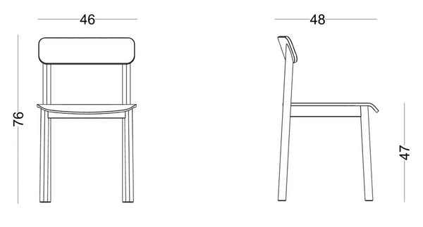 Plano acotado de la Silla Bión Madera: 46 cm de ancho, 48 de fondo, 76 de alto y asiento a 47 cm