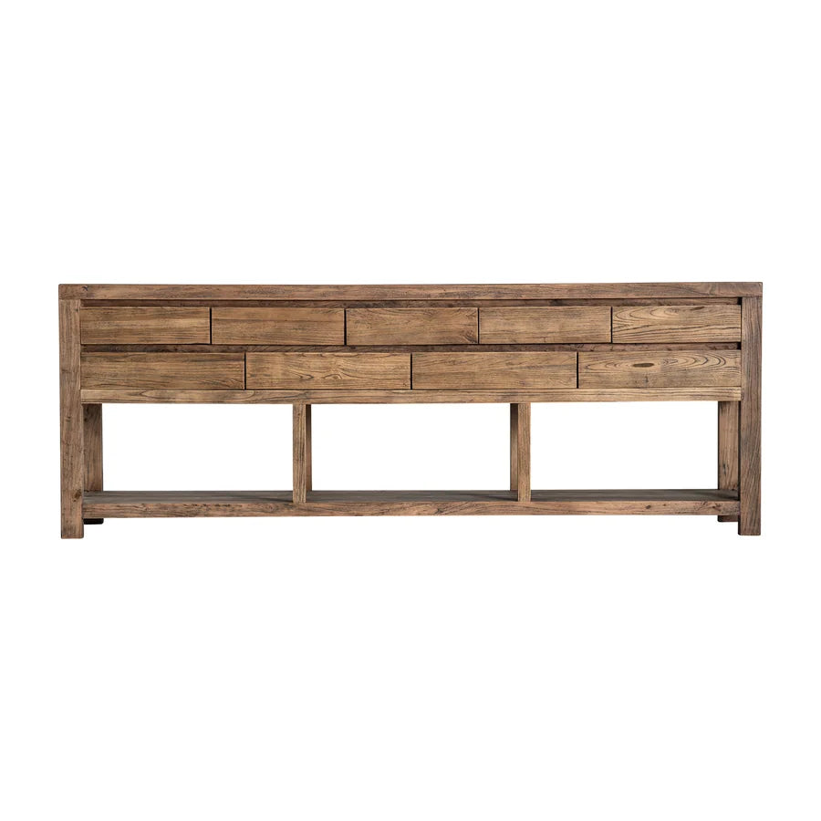 Consola Norvik 36650 de Vical Home en madera de olmo, vista de frente con sus nueve cajones