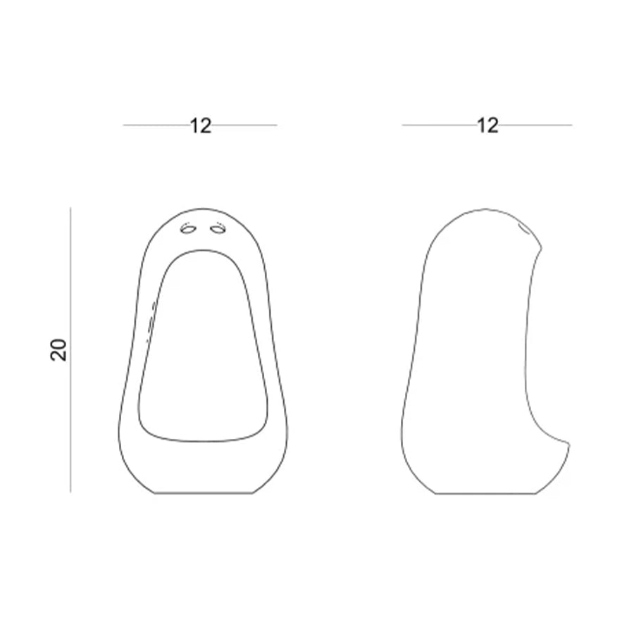 Plano acotado de la figura Bú con sus medidas: 12 cm de ancho y 20 cm de alto, en alzado frontal y perfil