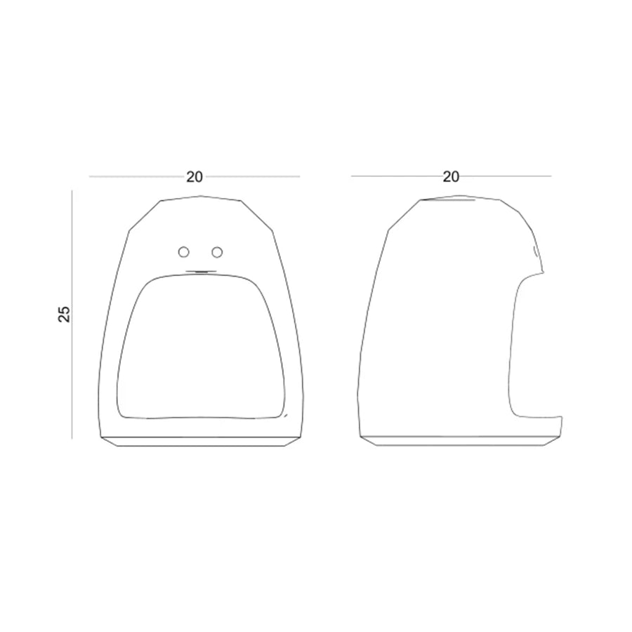 Plano acotado de la figura Ohh con sus medidas: 20 cm de ancho y 25 cm de alto, en alzado frontal y perfil