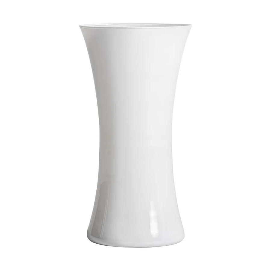Jarrón Donet de cristal en color blanco con acabado brillo, forma de diábolo