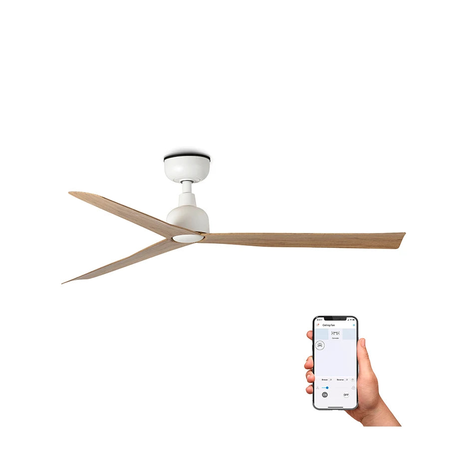 ventilador de techo marine faro barcelona ifdesign store 010 — vista con control por app desde el móvil, acabado blanco y roble