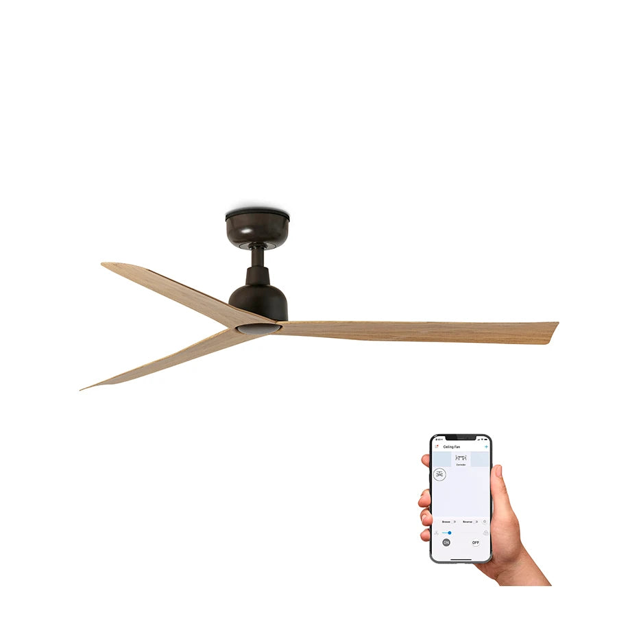 ventilador de techo marine faro barcelona ifdesign store 013 — vista con control por app desde el móvil, acabado marrón y roble