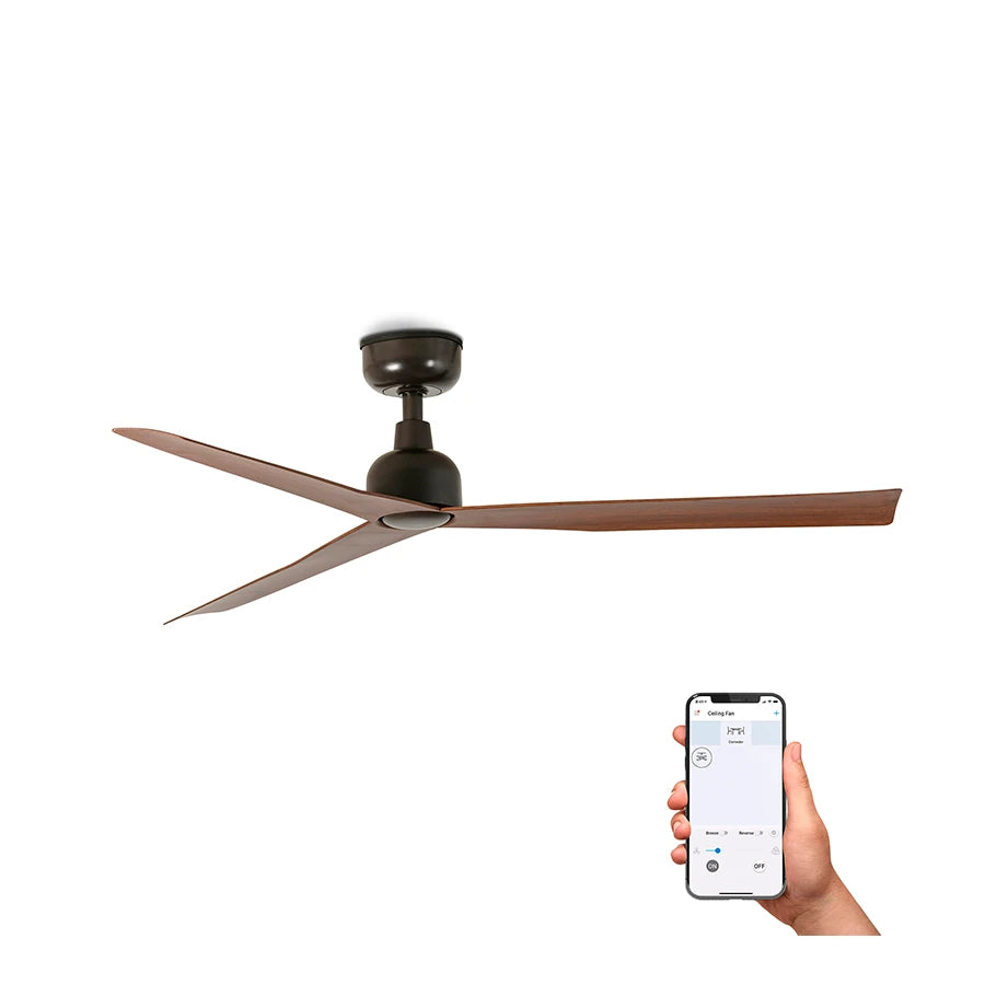 ventilador de techo marine faro barcelona ifdesign store 016 — vista con control por app desde el móvil, acabado marrón y nogal