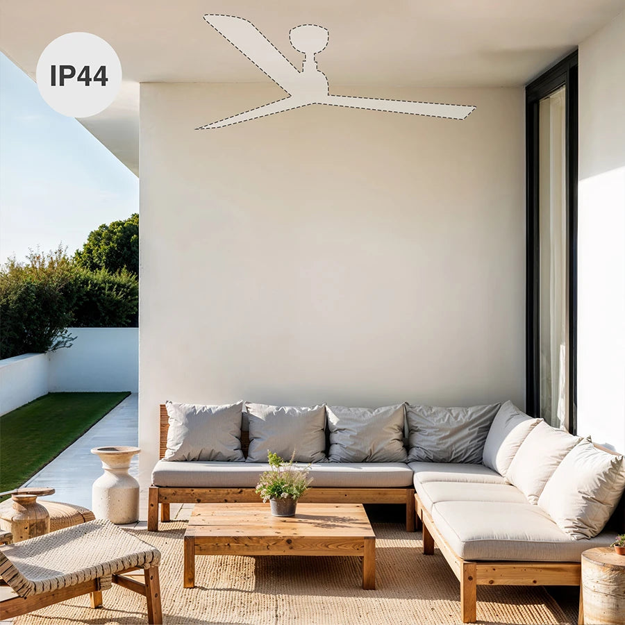 ventilador de techo marine faro barcelona ifdesign store 018 — ambientado en salón-terraza, con sello IP44