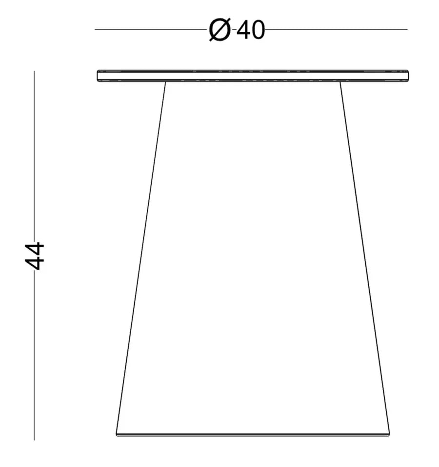 Plano acotado de la mesa auxiliar Champi con sus medidas: 40 cm de diámetro y 44 cm de alto