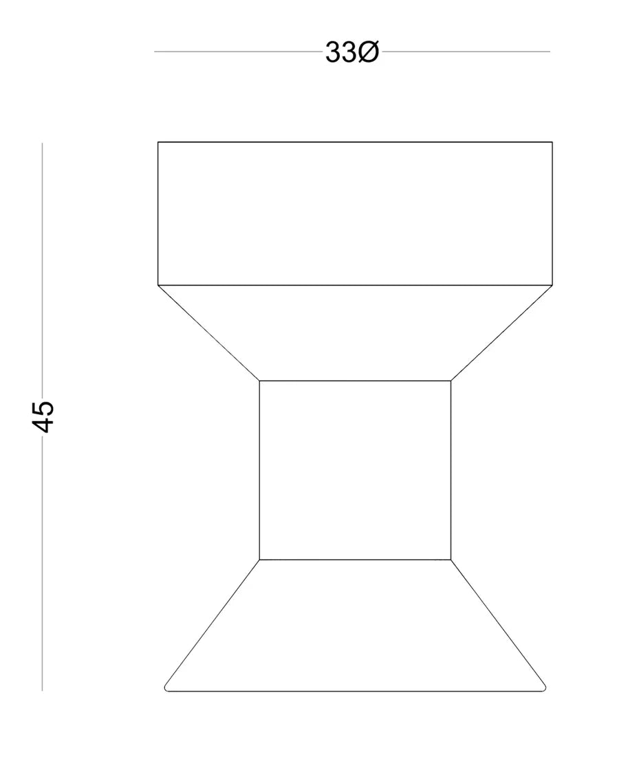 Plano acotado de la Mesa Auxiliar Macizo 05 con sus medidas: 33 cm de diámetro y 45 cm de alto