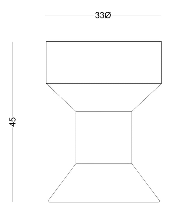Plano acotado de la Mesa Auxiliar Macizo 05 con sus medidas: 33 cm de diámetro y 45 cm de alto