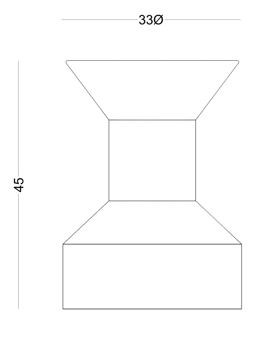 Plano acotado de la Mesa Auxiliar Macizo 06 con sus medidas: 33 cm de diámetro y 45 cm de alto