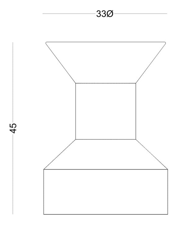 Plano acotado de la Mesa Auxiliar Macizo 06 con sus medidas: 33 cm de diámetro y 45 cm de alto