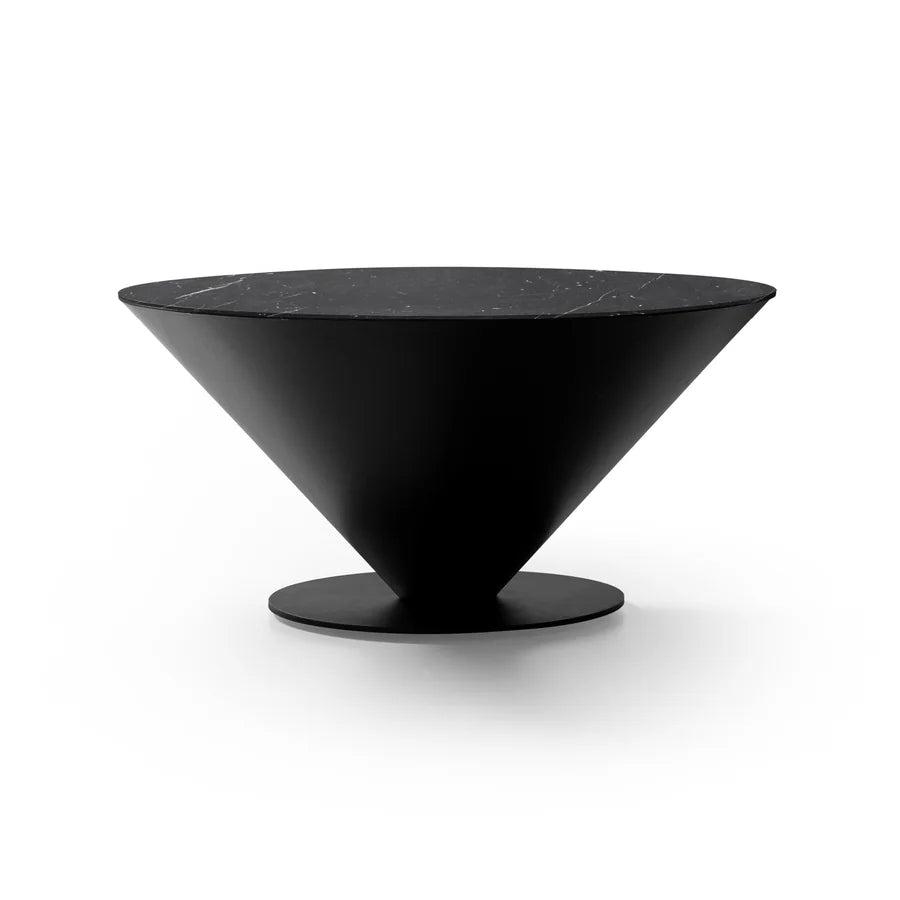 Mesa auxiliar Peonza 03 en metal negro con el sobre lacado negro veteado