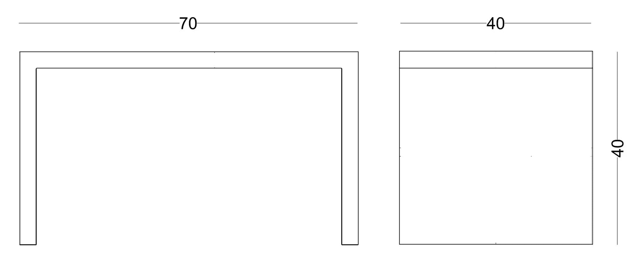 Plano acotado de la Mesa Auxiliar Terra Cubo con sus medidas: 70 cm de ancho, 40 de fondo y 40 de alto