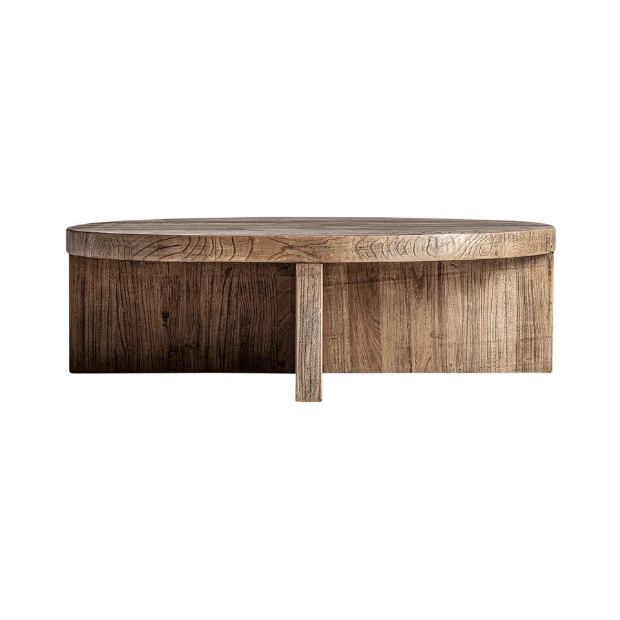Mesa de Centro Norvik de Vical Home, tablero redondo de madera de olmo visto de frente