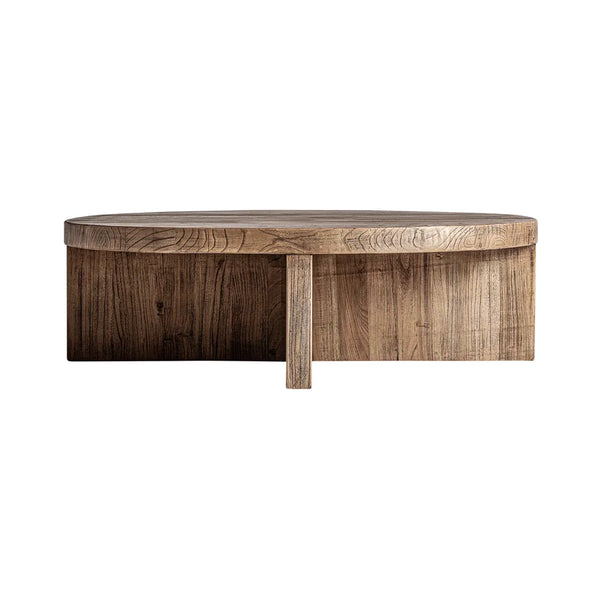 Mesa de Centro Norvik de Vical Home, tablero redondo de madera de olmo visto de frente