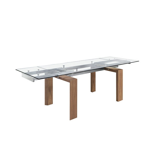 Mesa de Comedor Extensible 1007 de Angel Cerdá extendida a 240 cm, vista en tres cuartos, con la tapa de cristal templado y las cuatro patas de nogal