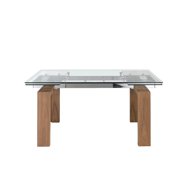 Mesa de Comedor Extensible 1007 cerrada, vista de frente, con la estructura cromada del mecanismo a la vista bajo el cristal
