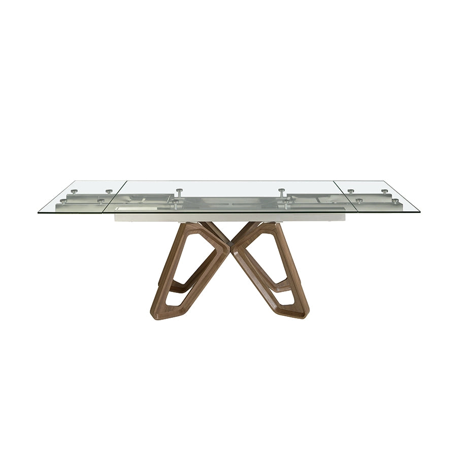 Mesa de Comedor Extensible 1122 extendida, vista de frente, con los dos marcos de nogal cruzados en X