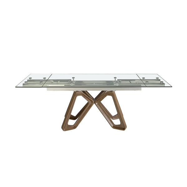 Mesa de Comedor Extensible 1122 extendida, vista de frente, con los dos marcos de nogal cruzados en X