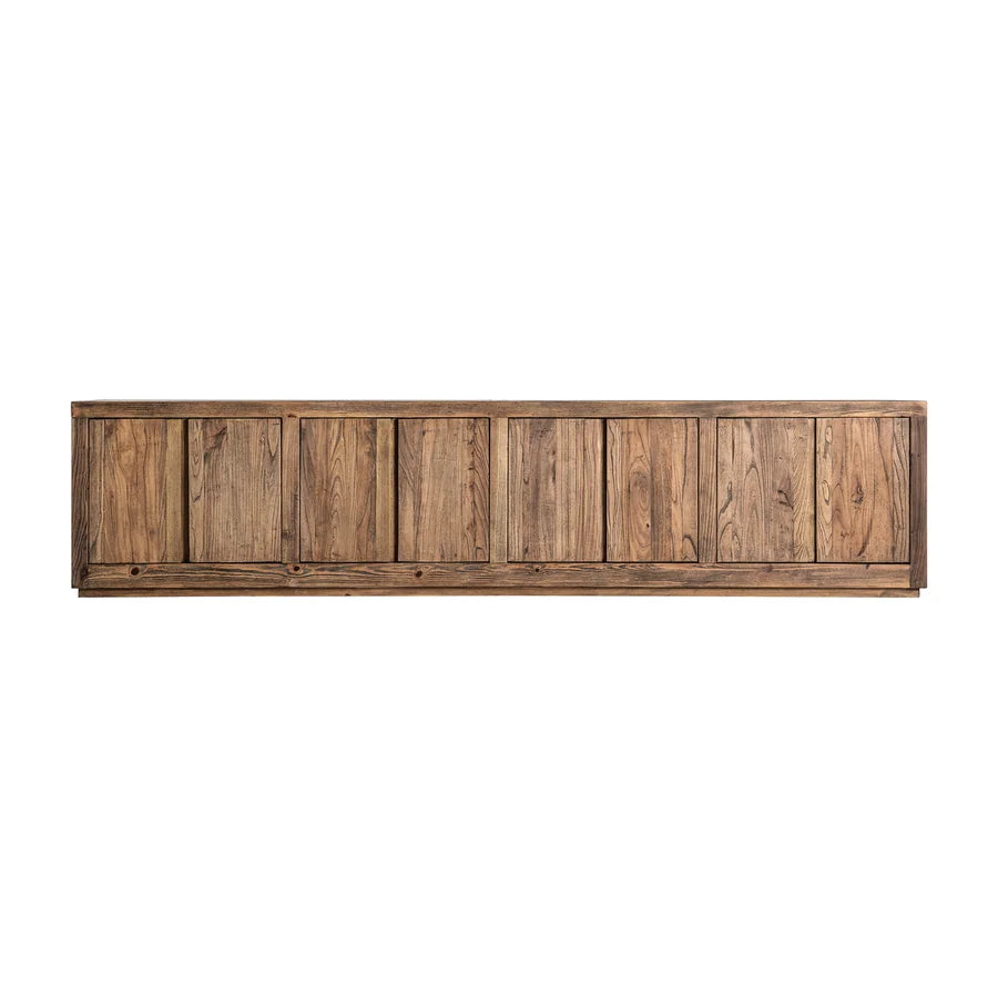 Mueble TV Norvik de Vical Home en madera de olmo, visto de frente con sus ocho puertas cerradas