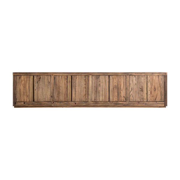 Mueble TV Norvik de Vical Home en madera de olmo, visto de frente con sus ocho puertas cerradas