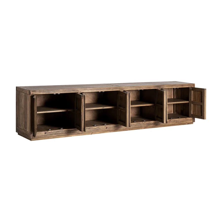 Mueble TV Norvik con las puertas abiertas, mostrando sus cuatro huecos con balda fija