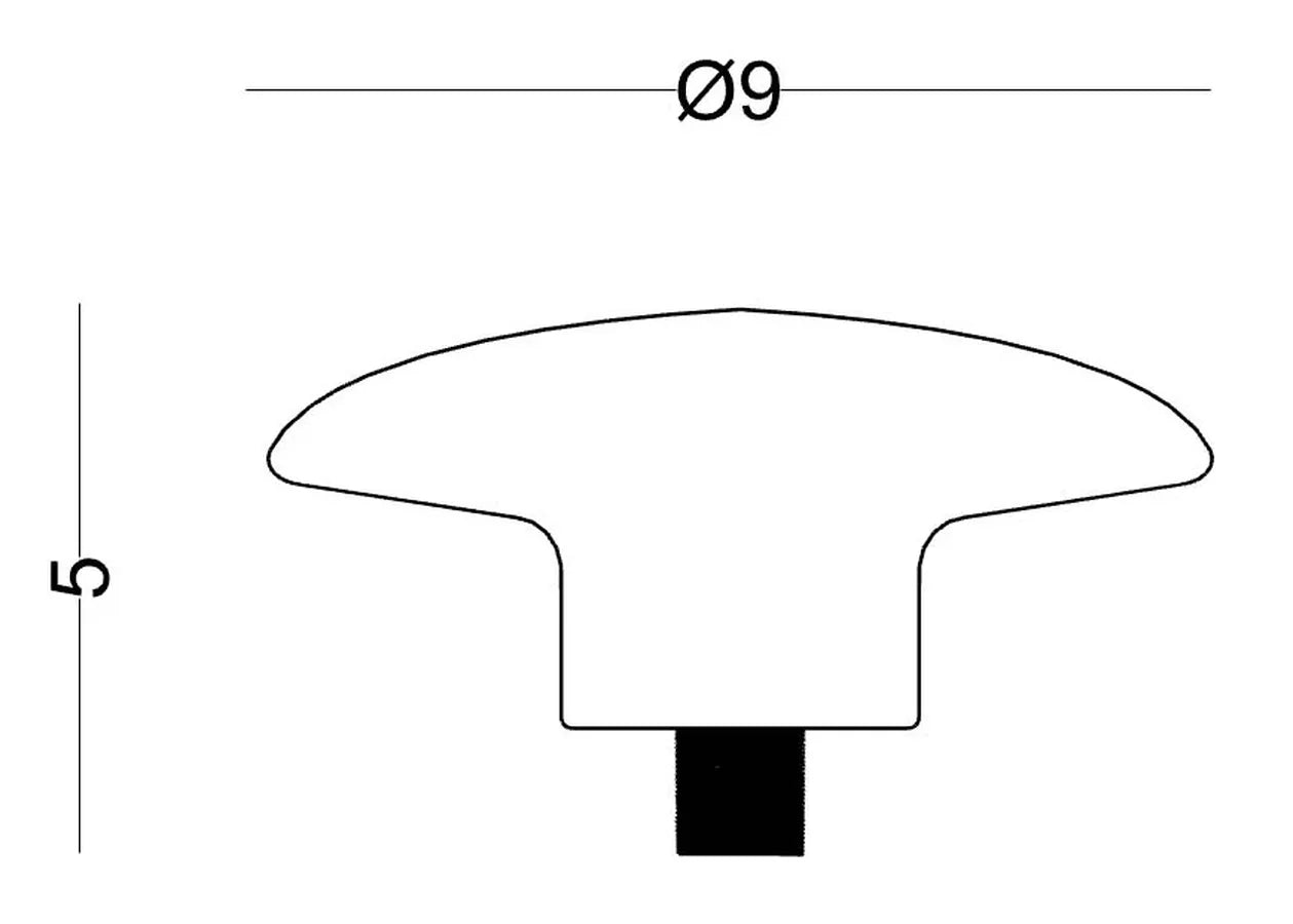 Plano acotado del Perchero Bum con sus medidas: 9 cm de diámetro y 5 cm de fondo contando el tornillo