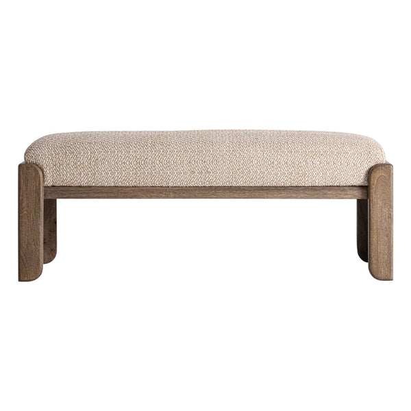 Pie de Cama Liermo de Vical Home tapizado en yute beige sobre patas de madera de mango, visto de frente