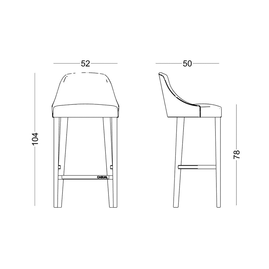 Plano acotado del Taburete Xally Redondeado: 52 cm de ancho, 50 de fondo, 104 de alto y asiento a 78 cm