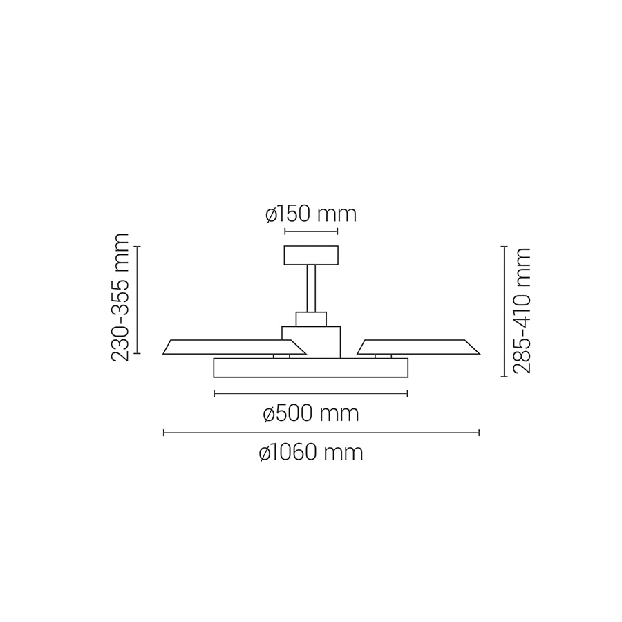 ventilador de techo bombay estilo m sulion ifdesign store 041 — esquema de medidas: Ø 1060 mm desplegado, Ø 500 mm recogido y florón de Ø 150 mm