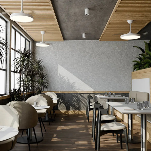 ventilador de techo bombay estilo s sulion ifdesign store 005 — ambientado en un comedor con techo de lamas de madera