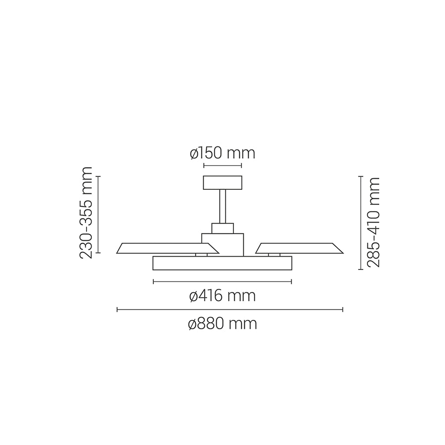 ventilador de techo bombay estilo s sulion ifdesign store 042 — esquema de medidas: Ø 880 mm desplegado, Ø 416 mm recogido y florón de Ø 150 mm