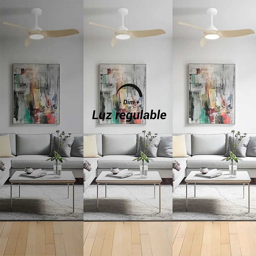 ventilador de techo diehl m sulion ifdesign store 014 — luz regulable: el mismo salón en tres niveles, versión de palas de madera