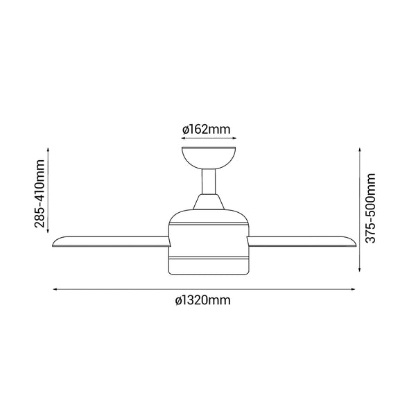 ventilador de techo mist sulion ifdesign store 004 — esquema de medidas: Ø 1320 mm, de 375 a 500 mm de altura y florón de Ø 162 mm